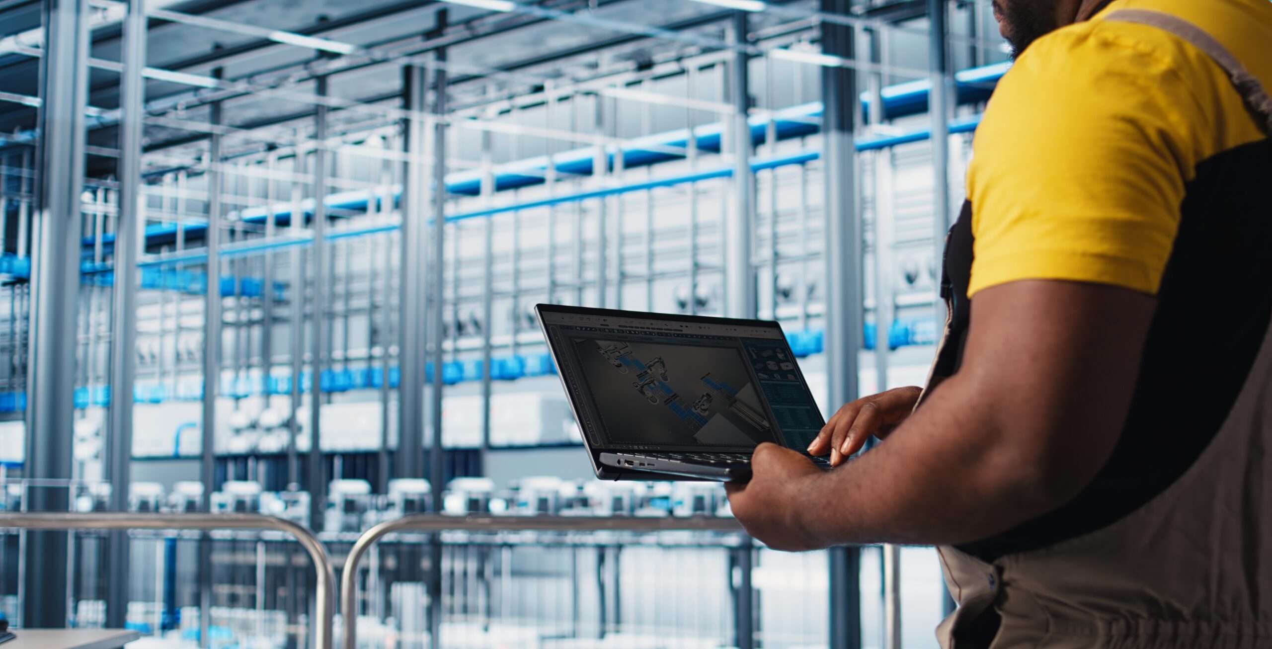 smart factory engineer designs robotic machines using laptop cad software