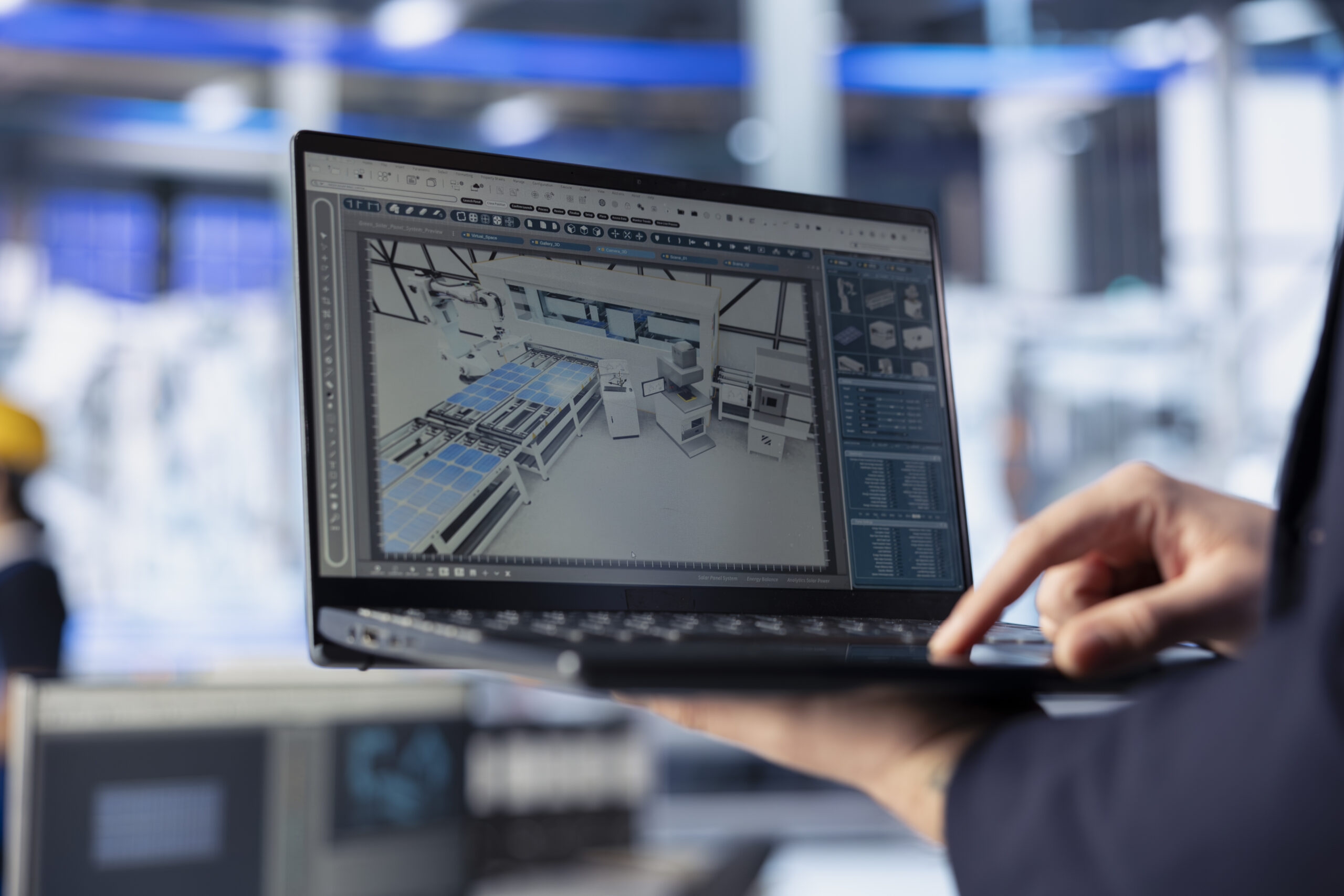 solar panels plant worker analyzing performance data on laptop, close up